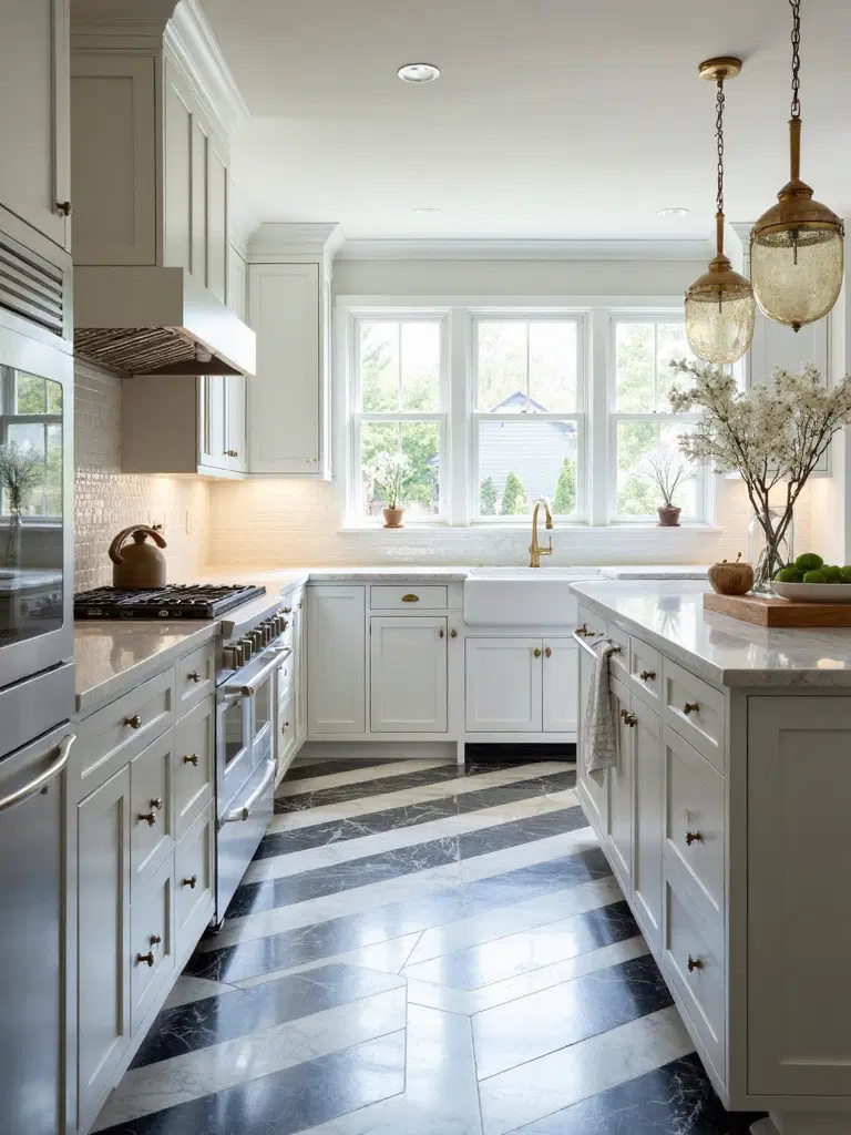 vintage farmhouse kitchen with checkerboard flooring