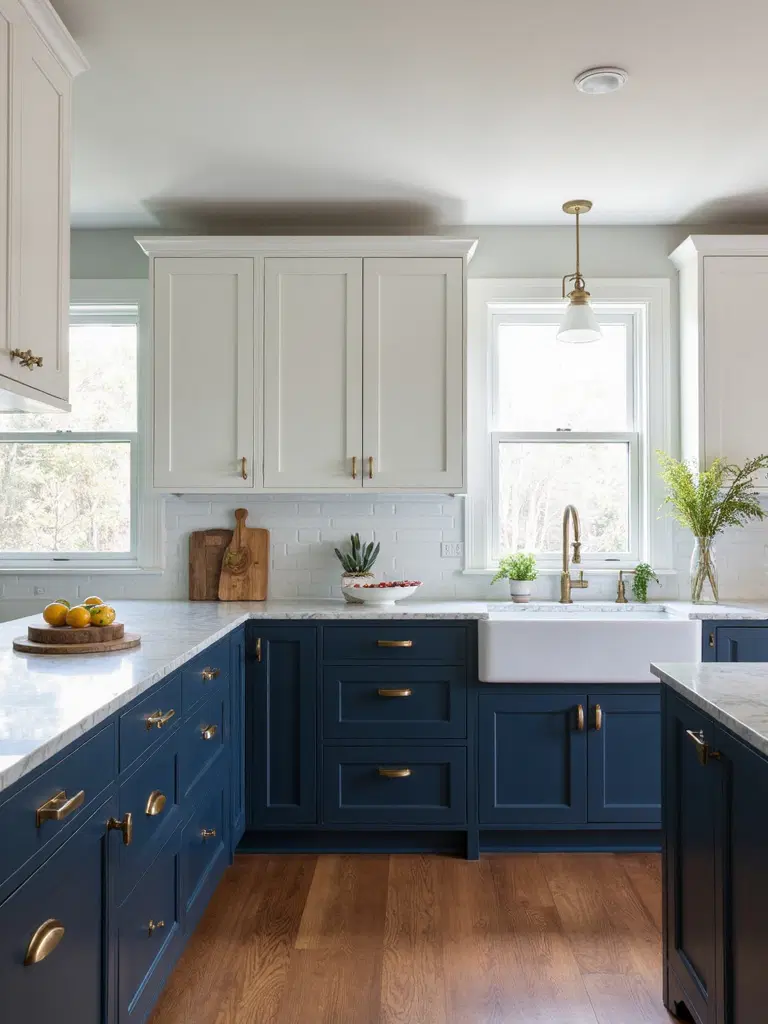 blue and white coastal farmhouse kitchen