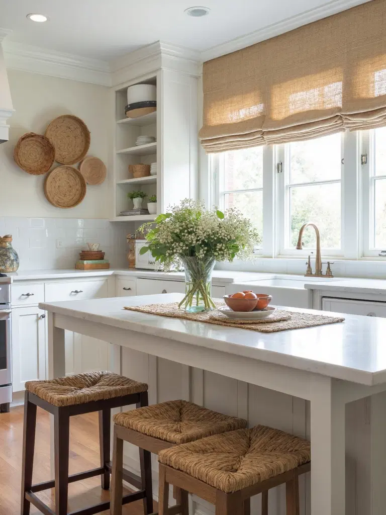 woven materials adding texture to farmhouse kitchen