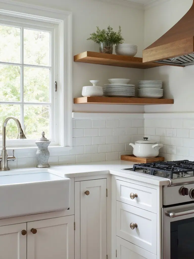 farmhouse kitchen with open plate racks