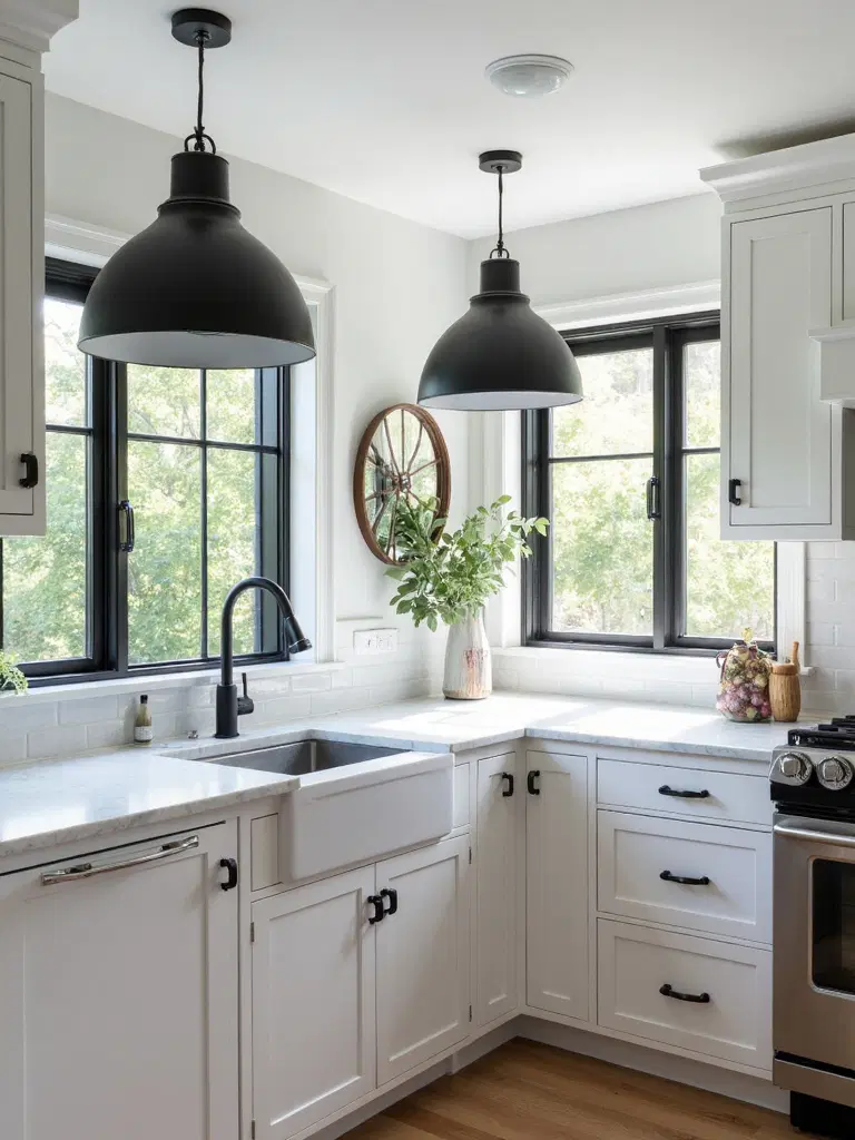 modern farmhouse kitchen with black design features