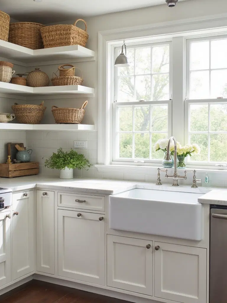 farmhouse kitchen featuring woven baskets for storage