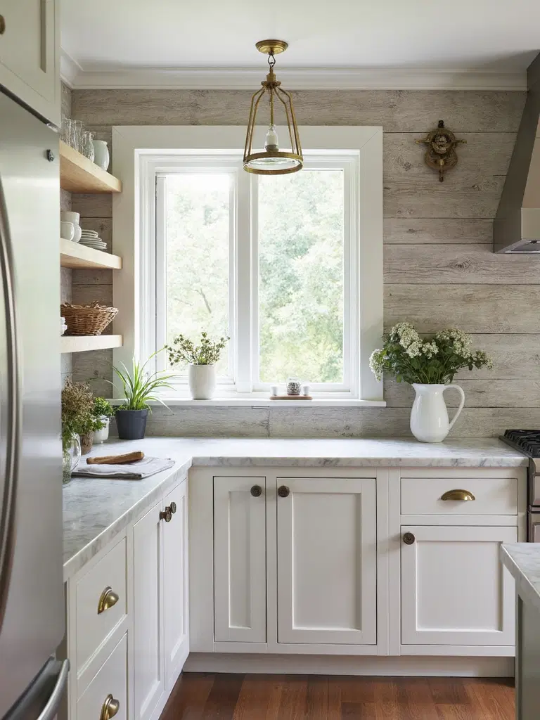 farmhouse kitchen with reclaimed wood backsplash