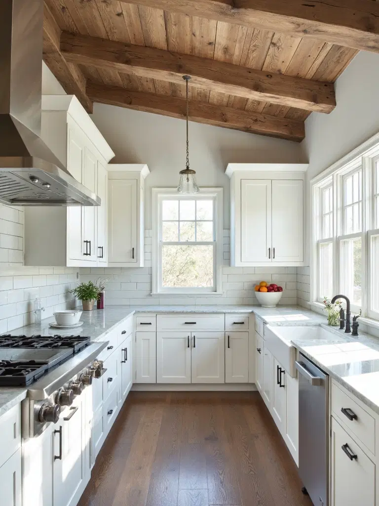 rustic beams in farmhouse kitchen ceiling