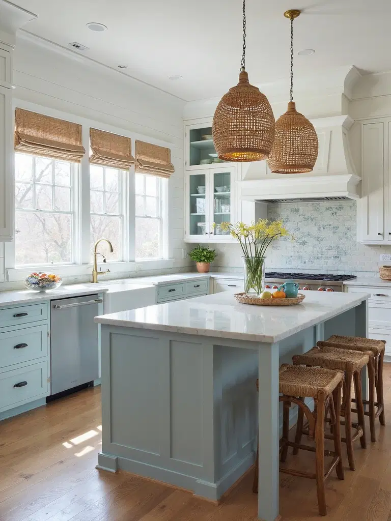 coastal farmhouse kitchen with natural accents
