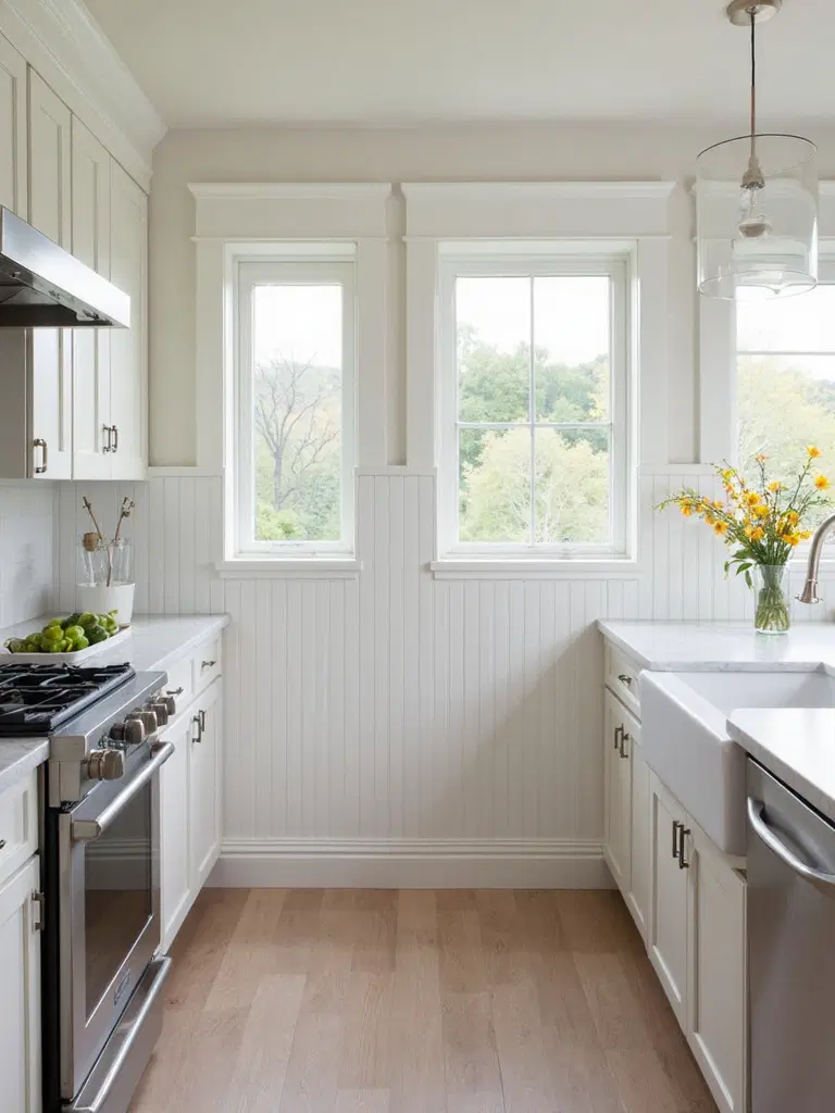 farmhouse kitchen with beadboard wall panels