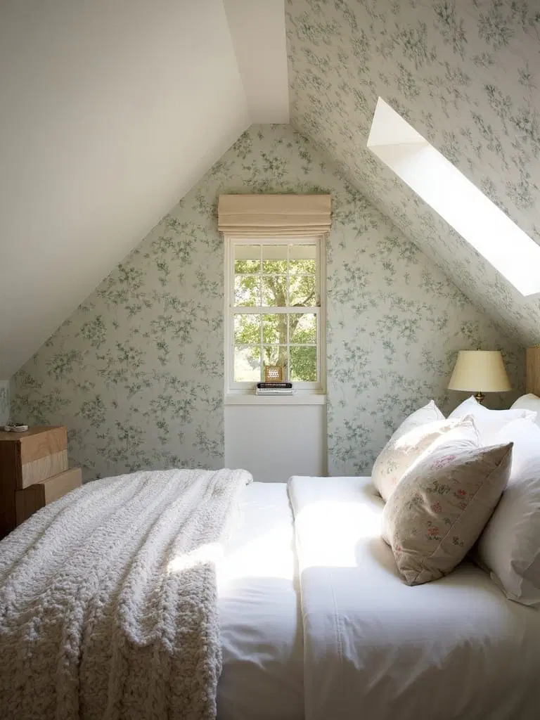 bright attic with patterned wallpaper