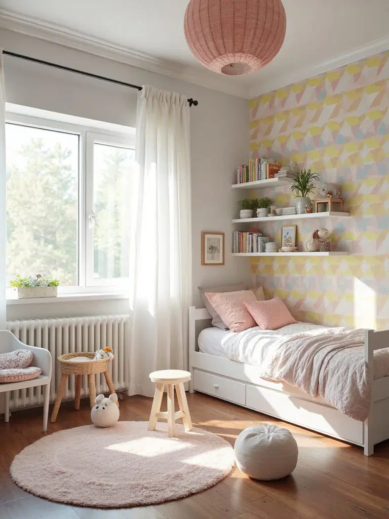 bold patterned wallpaper in kids room