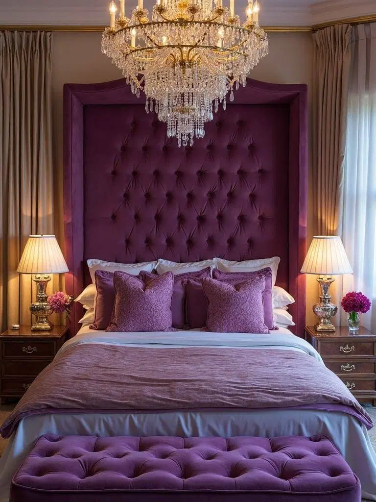 velvet upholstered purple headboard