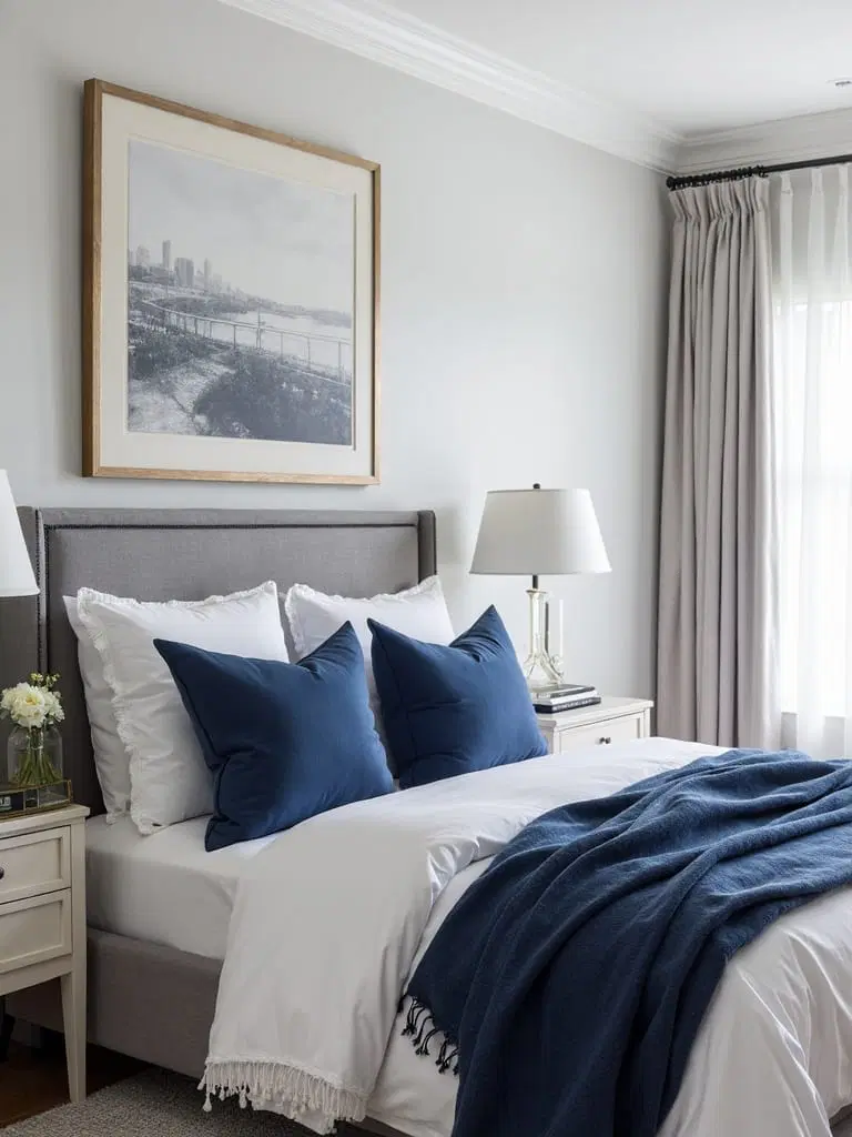 navy accents in modern bedroom