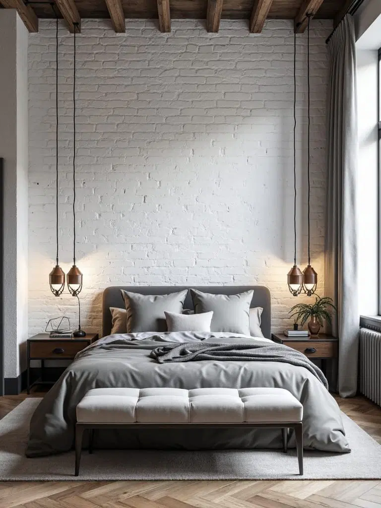 industrial style white brick bedroom
