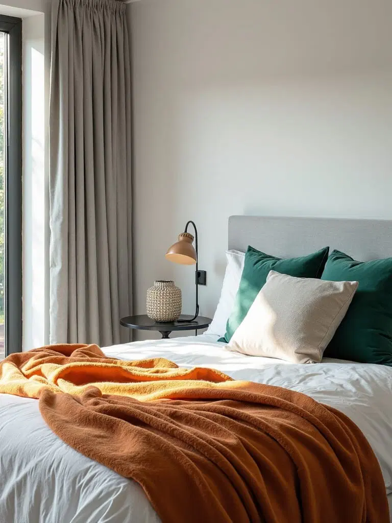colorful accents in neutral bedroom