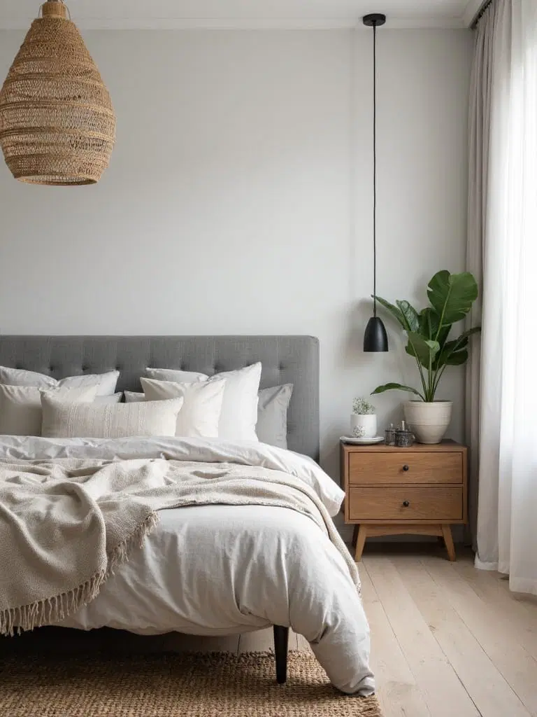 olive wood furniture in grey and white bedroom