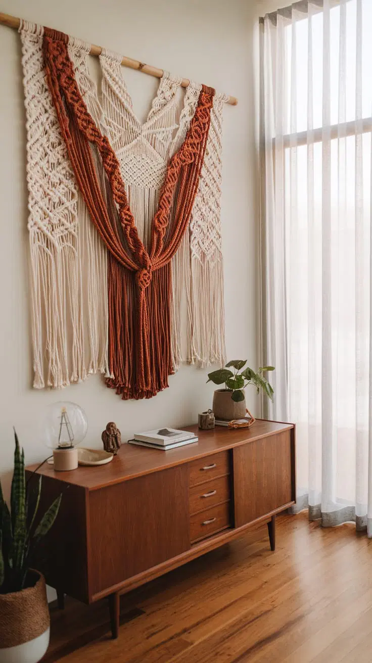 stylish woven tapestry on wall