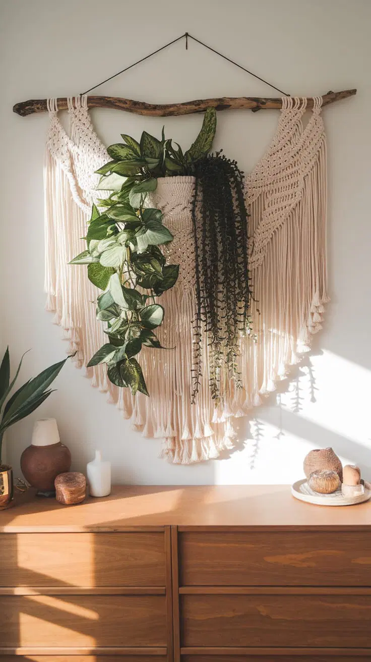 macramé wall art with hanging plants