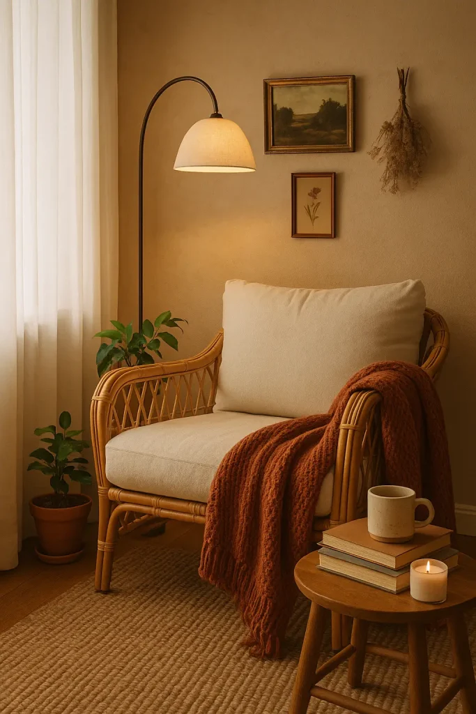 Boho reading nook with wicker chair, soft blanket, small table, warm light, and cozy layered textures.