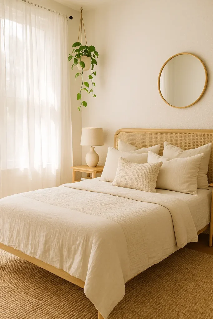 Boho bedroom with sheer curtains, soft sunlight, white bedding, natural textures, and a bright vibe.