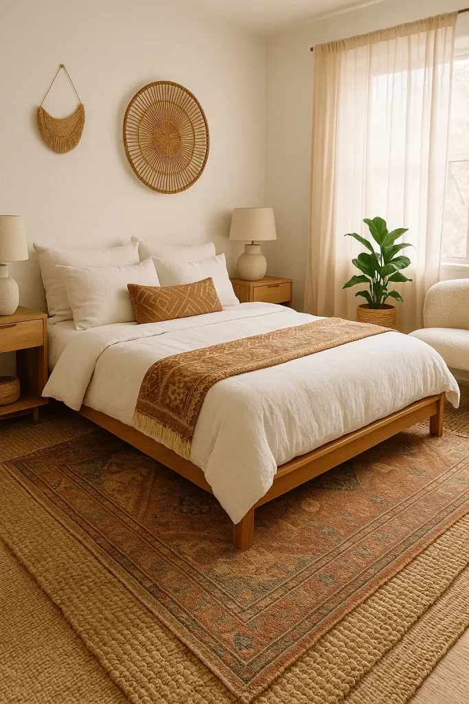 Boho bedroom with layered Moroccan rugs, white bedding, natural textures, and cozy warm lighting.