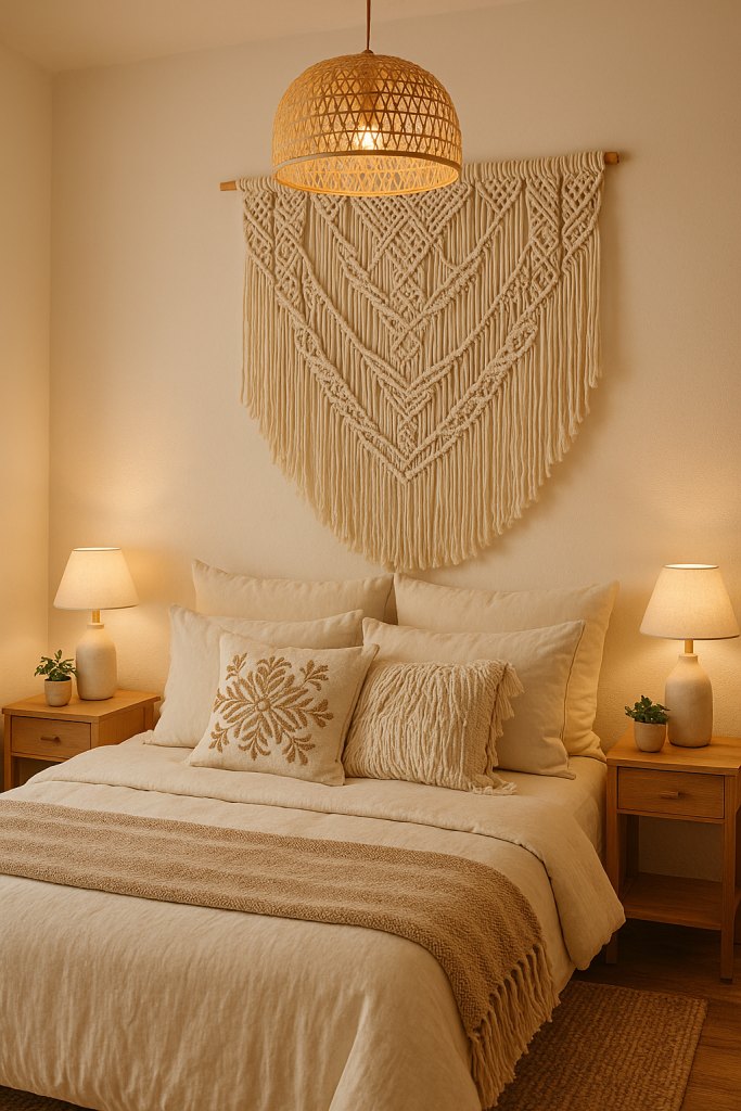 Boho bedroom with macrame wall hanging, neutral bedding, soft lighting, and natural wood accents.