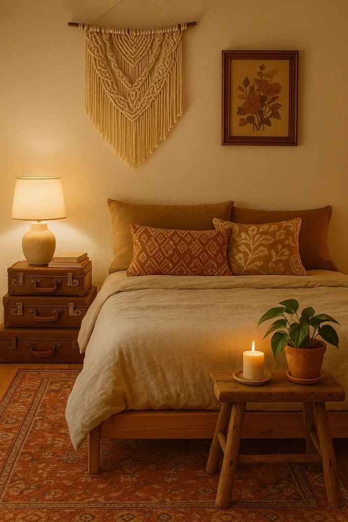 Boho bedroom with mismatched nightstands—vintage suitcases and stool—adding charm and character.