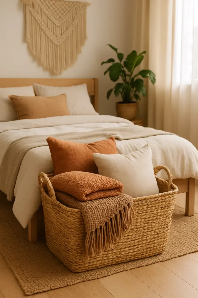 Woven basket with throws at foot of bed in a cozy boho room with natural textures and soft light.