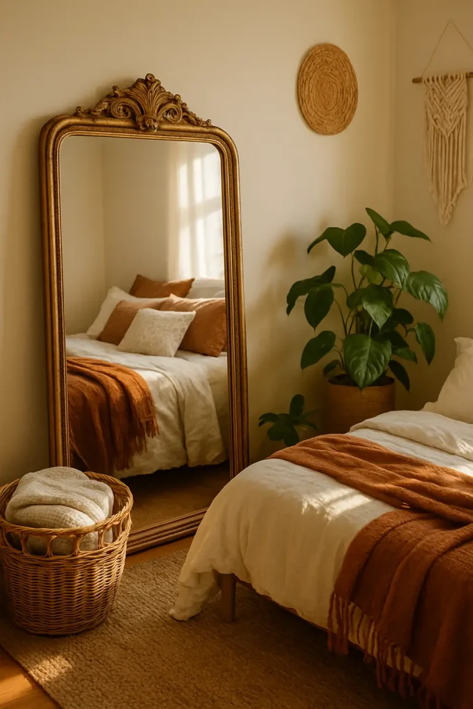 Leaning vintage mirror with wood or brass frame adds charm and depth to cozy boho bedroom.