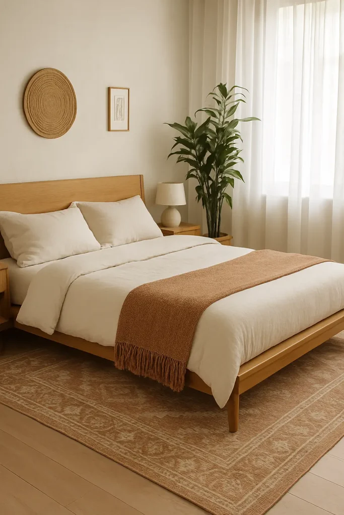 Boho bedroom with low wooden bed, cozy rug, soft linens, and airy, natural textures and tones.
