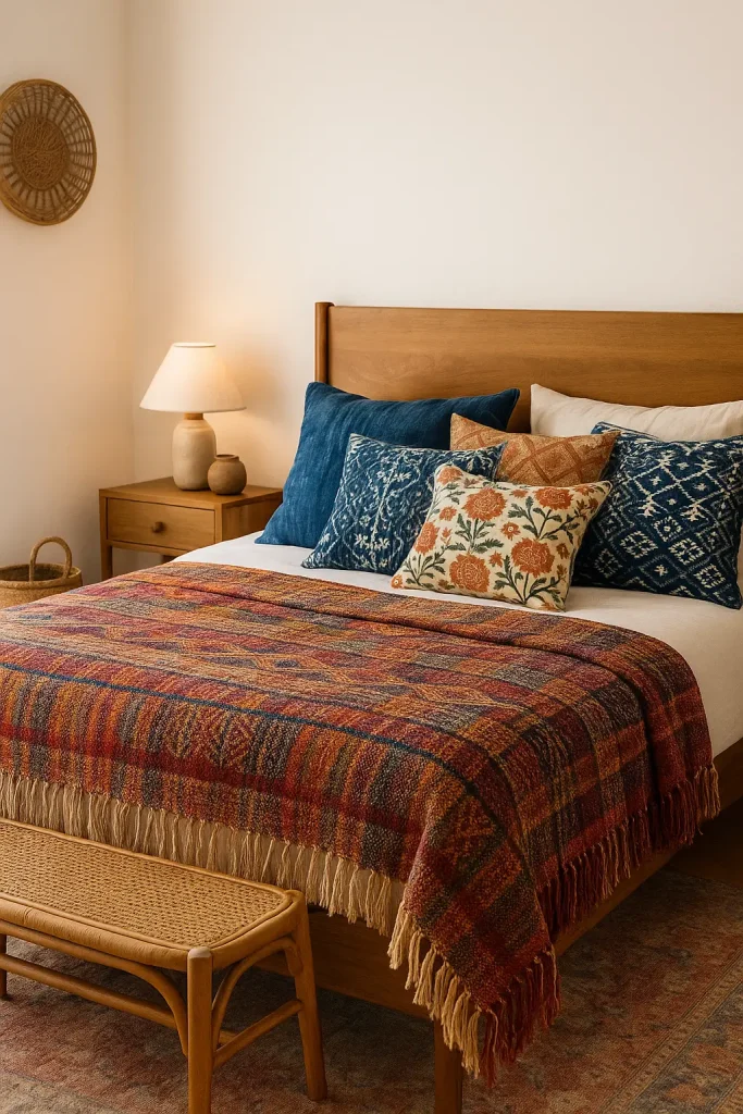 Boho bedroom with handwoven throw, patterned pillows, artisan textures, and colorful cozy accents.