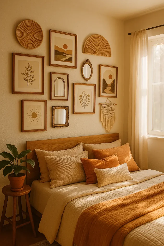 Boho bedroom with gallery wall of prints, woven art, and mirrors in an eclectic relaxed layout.