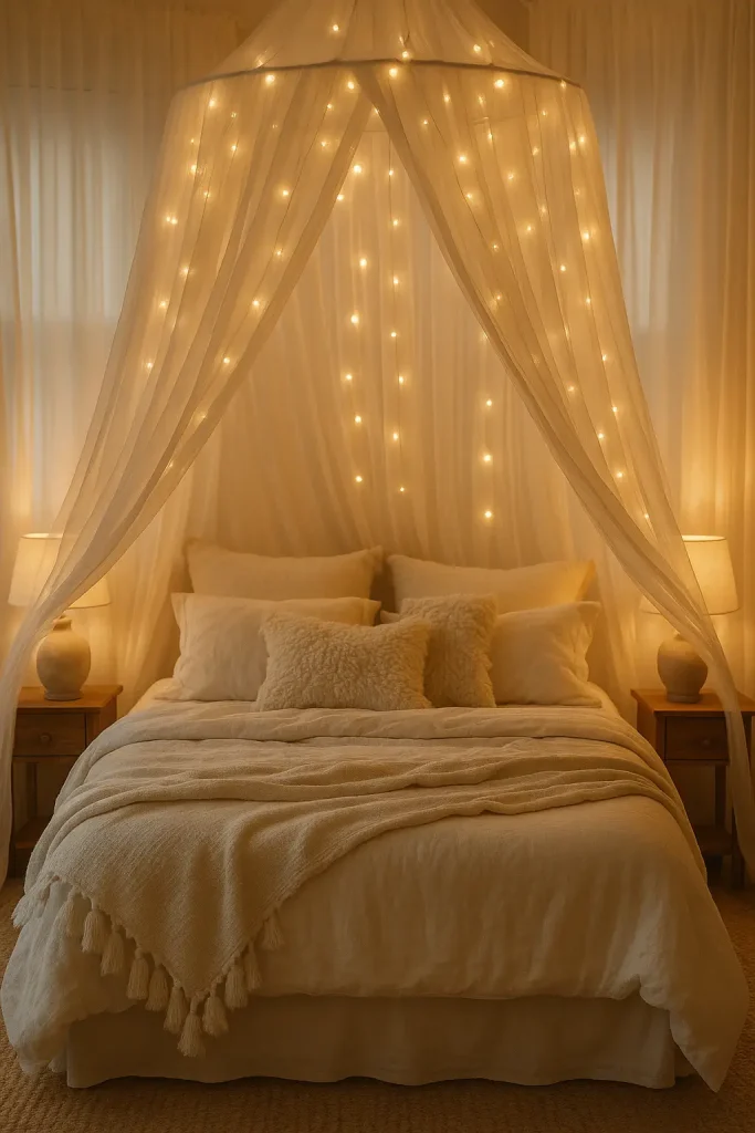 Boho canopy bed with sheer drapes, <a href=