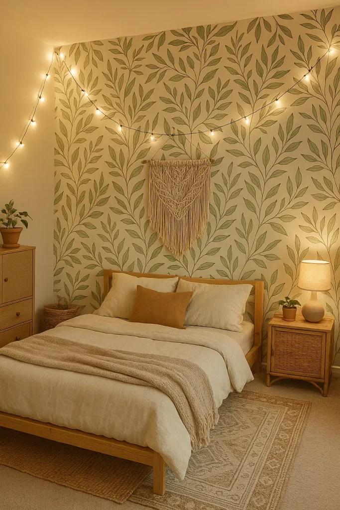Renter-friendly boho bedroom with peel-and-stick wallpaper, macramé, and cozy layered rugs.