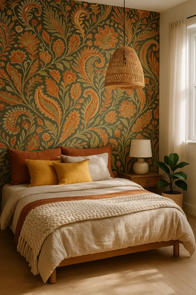 Boho bedroom with bold floral wallpaper, cozy bed, and earthy decor for warm, modern style.