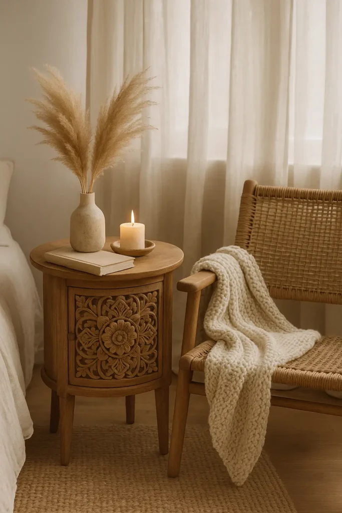 Carved wooden table with candle, pampas grass, and soft throws in a warm, modern boho bedroom corner.