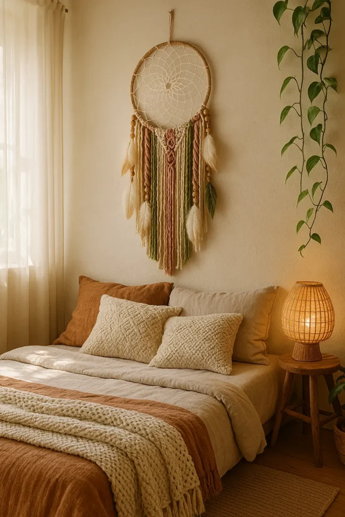 Handmade dreamcatcher above bed with soft feathers, matching boho colors, and cozy bedroom decor.