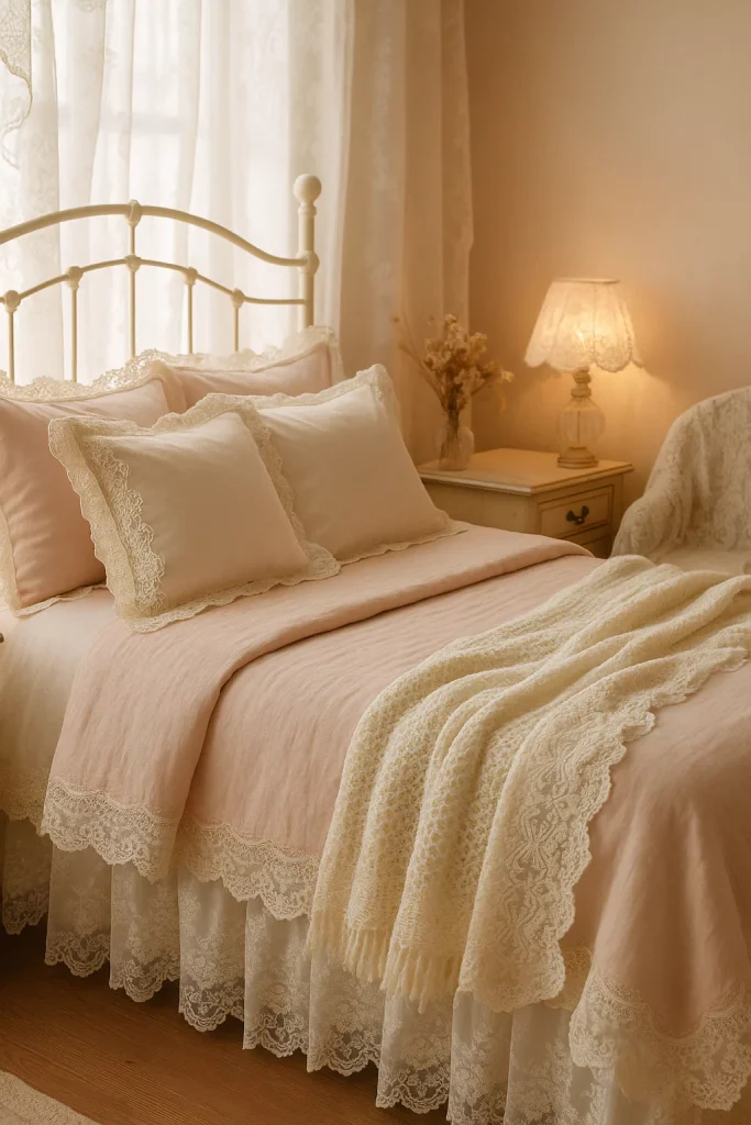 Lace-trimmed pillows and bed skirt in a pastel bedroom with romantic, vintage coquette charm.