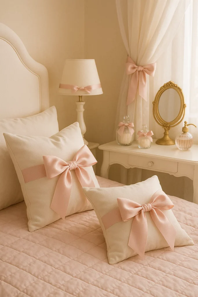 Coquette bedroom with satin bows on pillows, lamps, and headboard in soft pastel feminine decor.