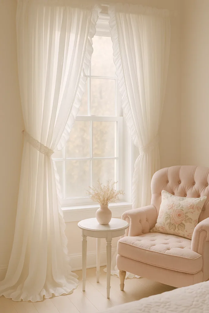 White ruffled curtains with sunlight streaming through, blush accents, and dreamy romantic coquette vibes.