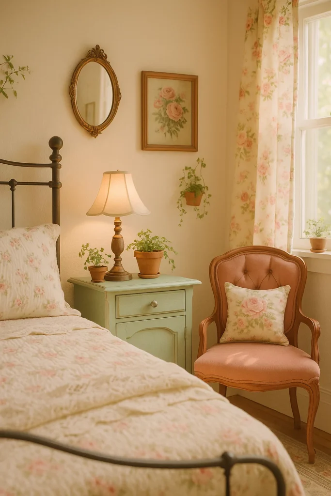 Pastel-painted vintage chair and nightstand in cozy cottagecore room with floral bedding and soft lighting.