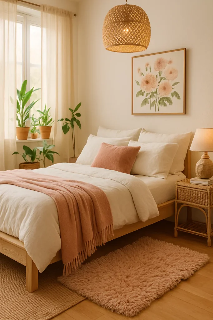Shaggy pink rug beside bed in cozy boho bedroom with blush textiles, soft light, and plants nearby.