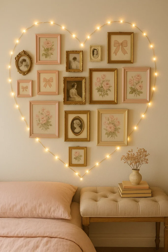 Heart-shaped collage of vintage photos, floral prints, and bows in pastel frames with warm lighting.