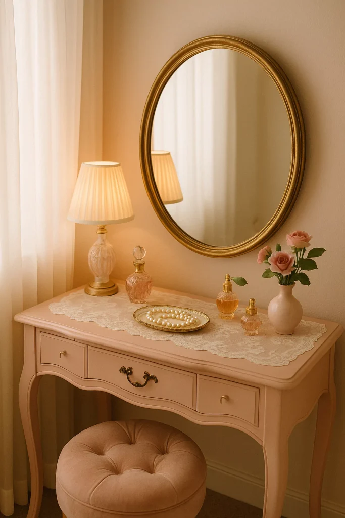 Coquette vanity with vintage mirror, perfume bottles, velvet stool, and soft pastel morning lighting.