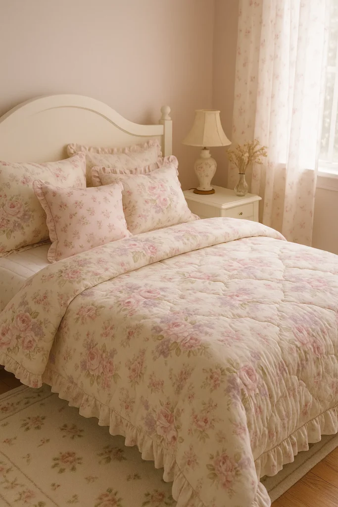 Romantic bedroom with layered floral bedding, soft pink tones, and sheer floral curtains for charm.