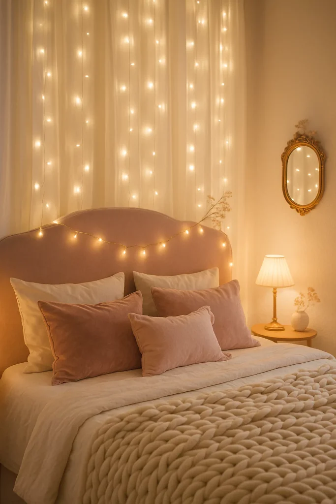 Coquette bedroom with fairy lights over headboard, sheer curtains, and soft, pastel cozy bedding.