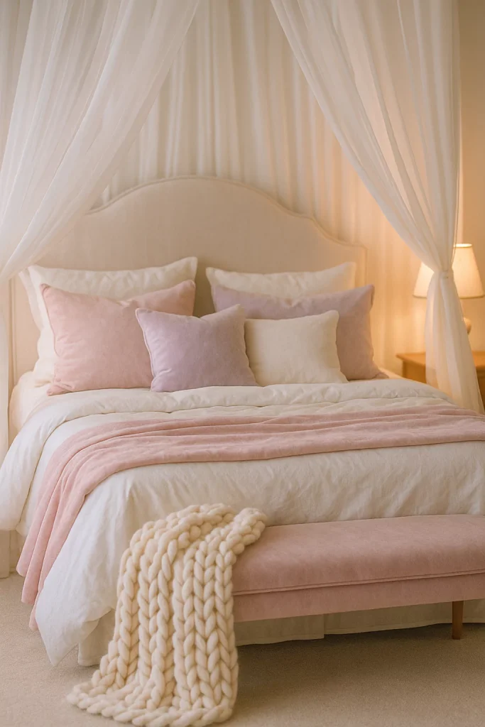 Plush pastel bed with velvet throws, fluffy duvets, and soft pillows in a cozy coquette bedroom.