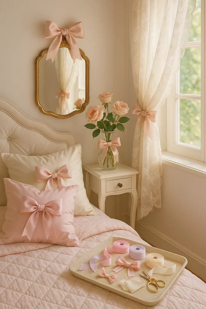 Coquette bedroom with DIY ribbon bows on pillows, vases, mirror, and soft sunlight with greenery.