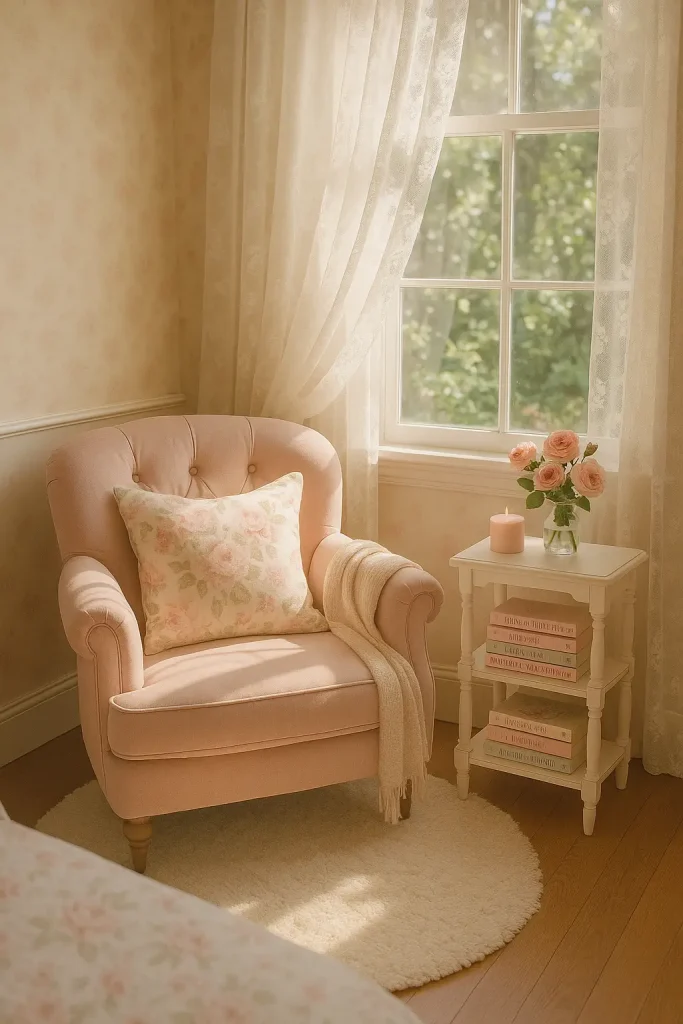 Coquette reading corner with blush chair, floral cushion, vintage shelf, and lace-curtained window.