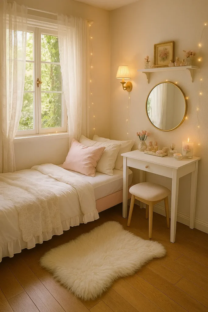 Tiny coquette bedroom with pastel bed, vanity desk, lace curtains, and greenery outside window.