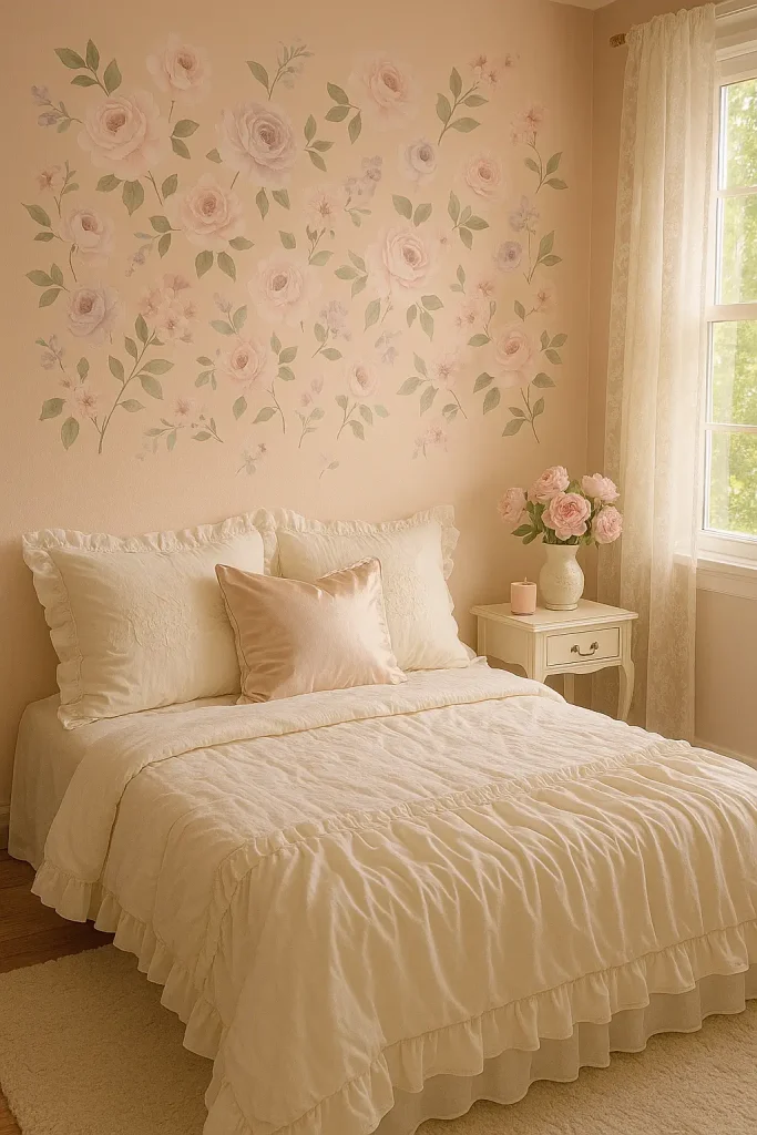 Coquette bedroom with pink floral wall decals, pastel bedding, and soft sunlight through lace curtains.