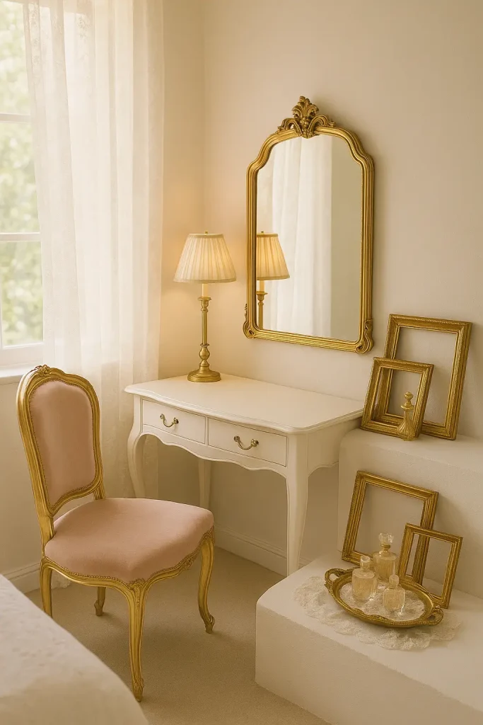 Coquette bedroom vanity with gold-framed mirror, thrifted accents, and greenery outside window.