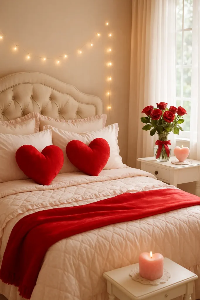 Coquette bedroom with red pillows, roses, and heart decor for a romantic Valentine’s Day refresh.